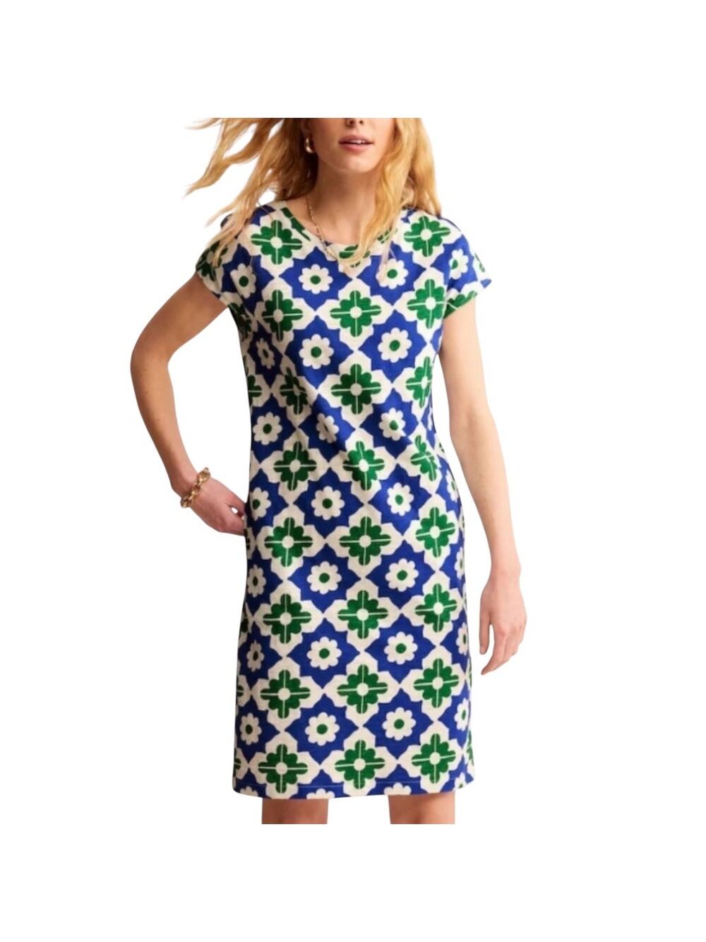 Boden Leah Green and Blue Geometric Pattern Jersey T-Shirt Dress Women’s Size 6